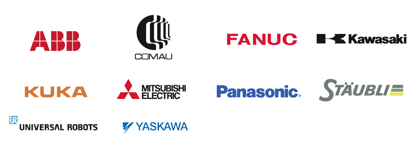 Logos des entreprises : ABB, Comau, FANUC, Kawasaki, kuka, Mitsubishi electric, panasonic, Stäubli, Universal robots, yaskawa