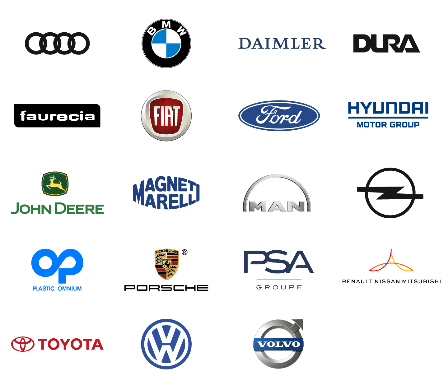 Logos des entreprises : Audi, BMW, Daimler, DURA, Faurecia, Fiat, Ford, Hyundai, John deere, Magneti marelli, MAN, opel, Plastic omnium, Porsche, PSA, Renault Nissan Mitsubishi, Toyota, Volkswagen, Volvo
